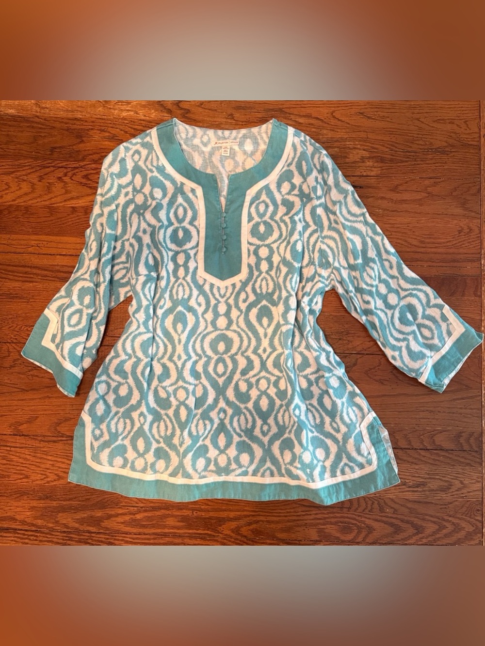 JM Collection Aqua and White Linen Ikat Printed Tunic Top Sz 20W
